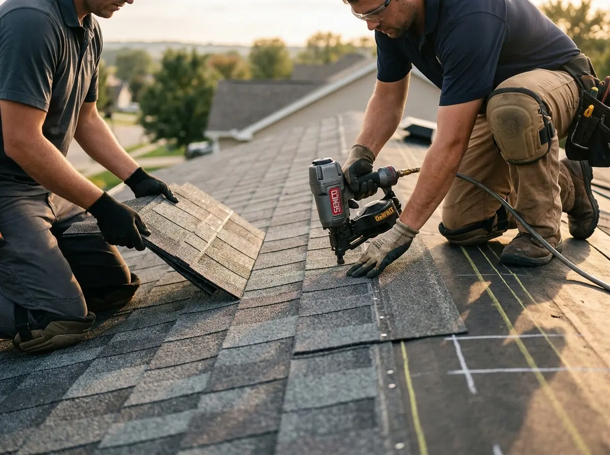 Professional roofer working on a residential roof in Happy Valley